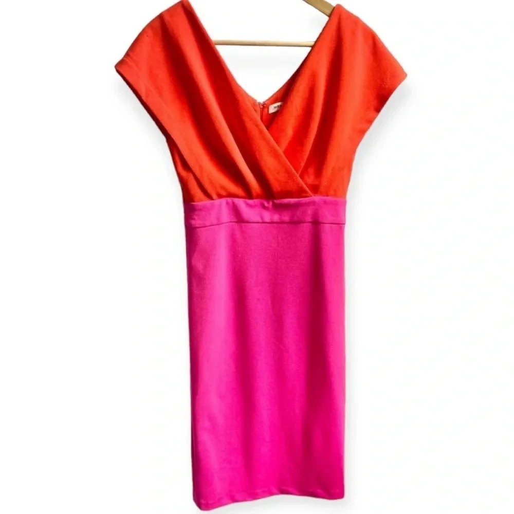 Jealous Tomato Pink & Red Colorblock Surplice Neckline Mini Dress, S - Picture 1 of 14
